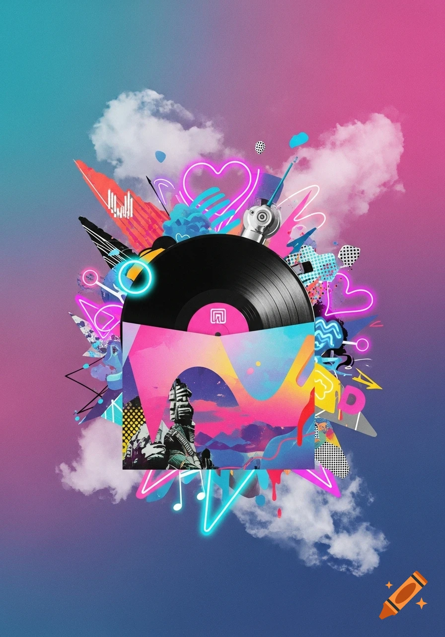 A vibrant pop-collage poster with a vinyl record partially revealed from a sleeve, layered with abstract shapes, neon accents, and clouds, in a street-art style.