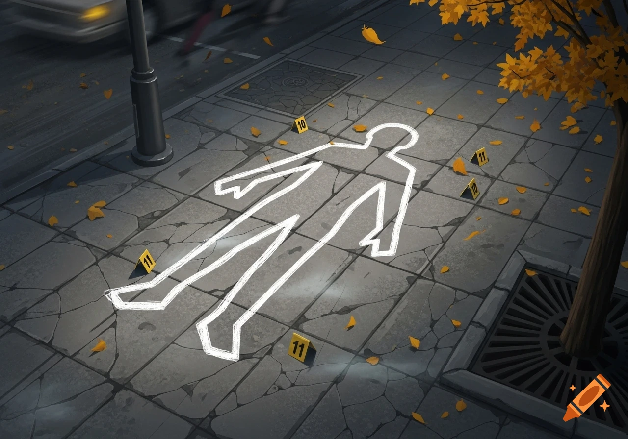 Stylized illustration of a chalk outline on a cracked sidewalk with evidence markers and autumn leaves. A blurry car passes.