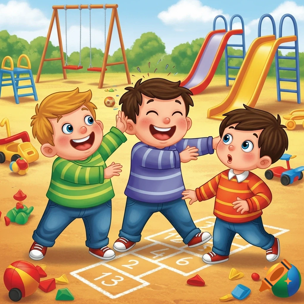 Three happy cartoon boys play on a sunny playground, one boy playfully pushes another, surrounded by swings, slides, and toys.