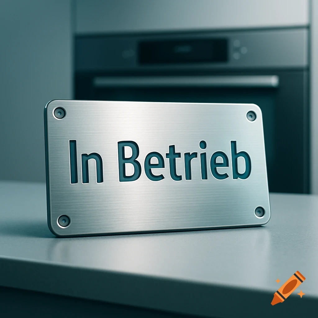 Brushed metal sign with 'In Betrieb' (In Operation) text on a gray counter, with a blurred kitchen appliance in the background.