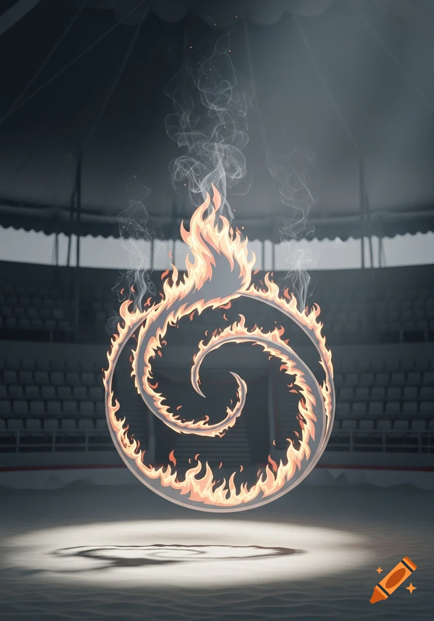 A fiery, swirling ring floats in the spotlight of an empty circus arena, with smoke rising from it.