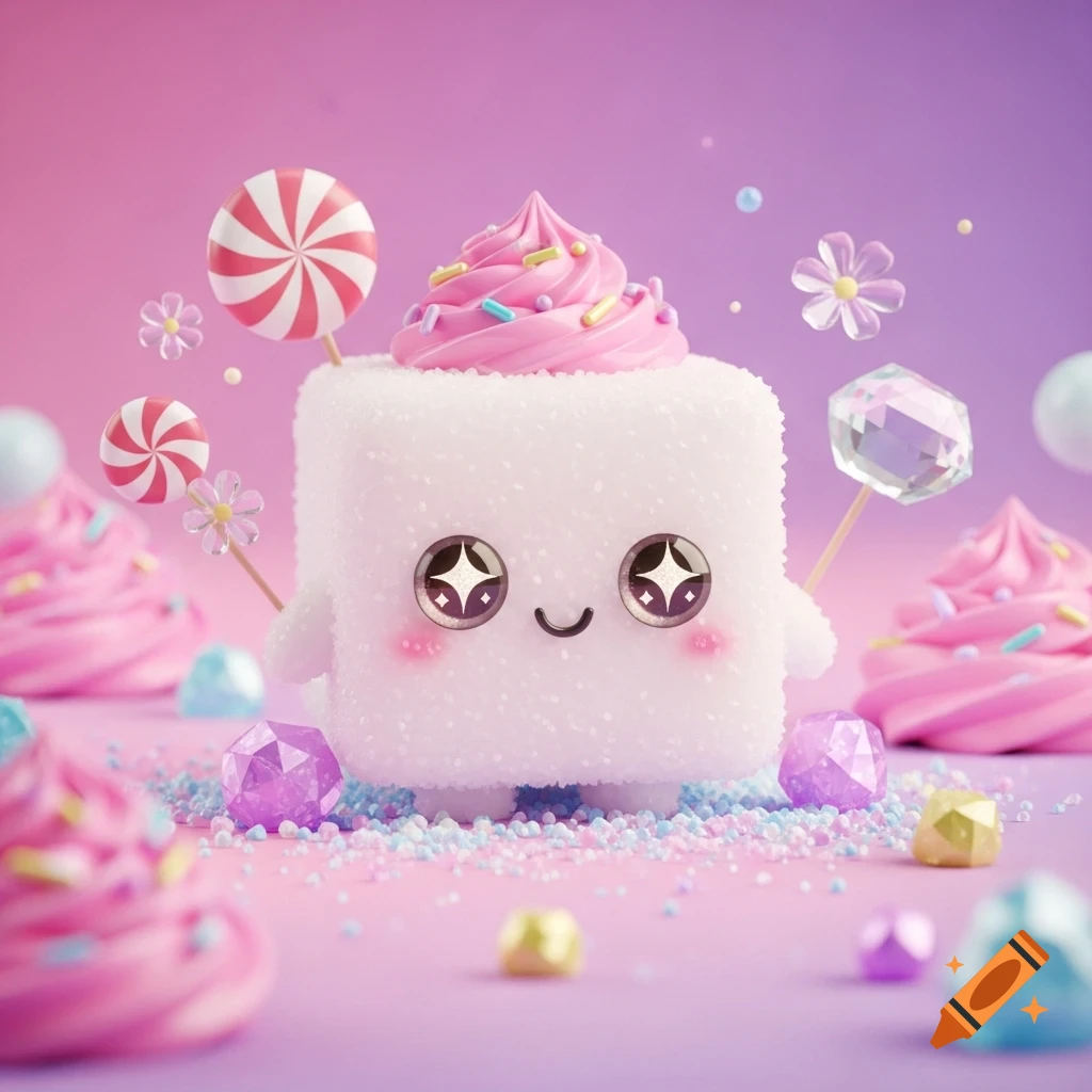 A cute 3D marshmallow-like character with sparkly eyes, pink frosting, lollipops, and sprinkles on a pastel background.