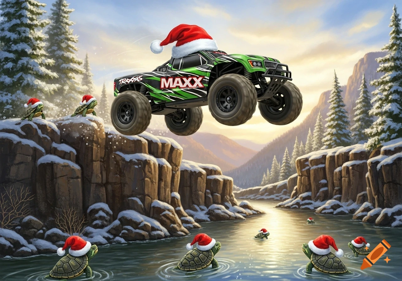 A green and black Traxxas Maxx RC truck with a Santa hat jumps over a winter river where turtles also wearing Santa hats swim.