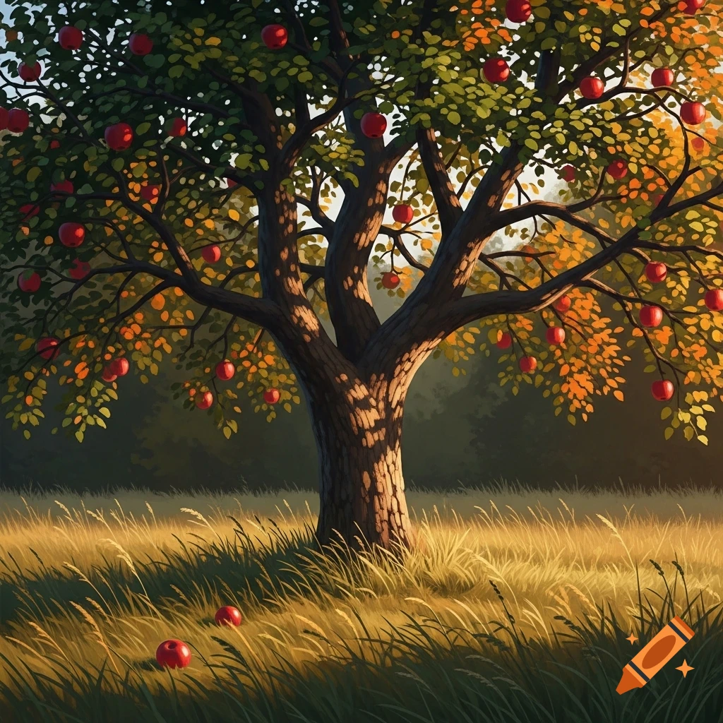 A vibrant apple tree with red apples stands in a sunlit grassy field, with a few apples fallen on the ground in an illustrative style.