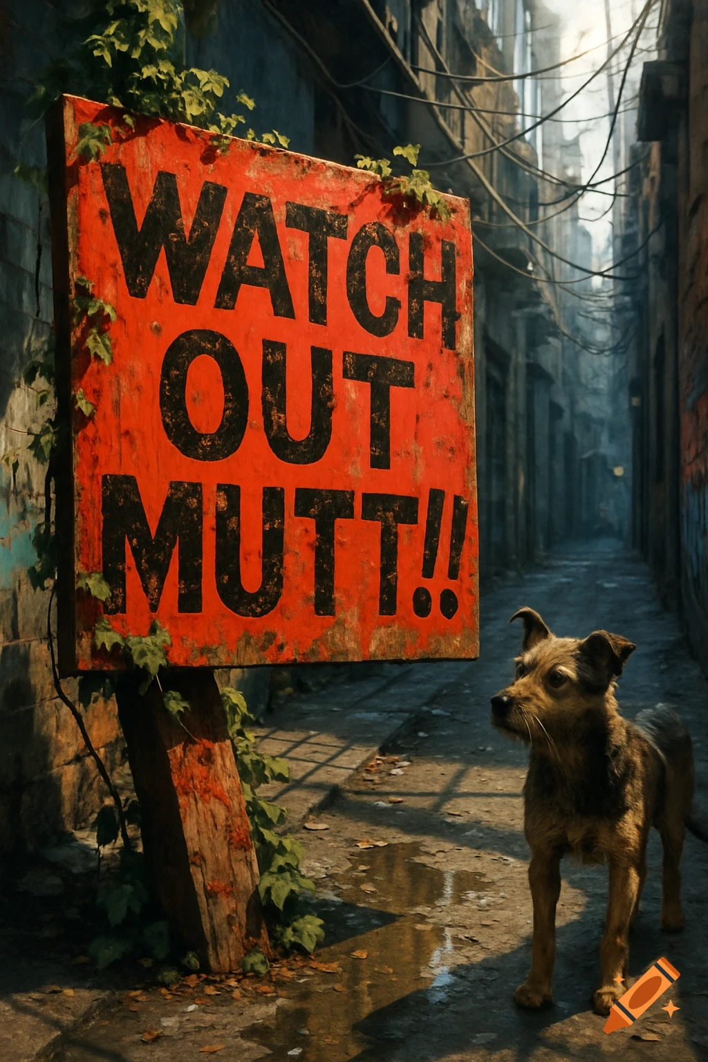 A scruffy dog stands in a gritty urban alley next to a weathered red sign that reads "WATCH OUT MUTT!!"