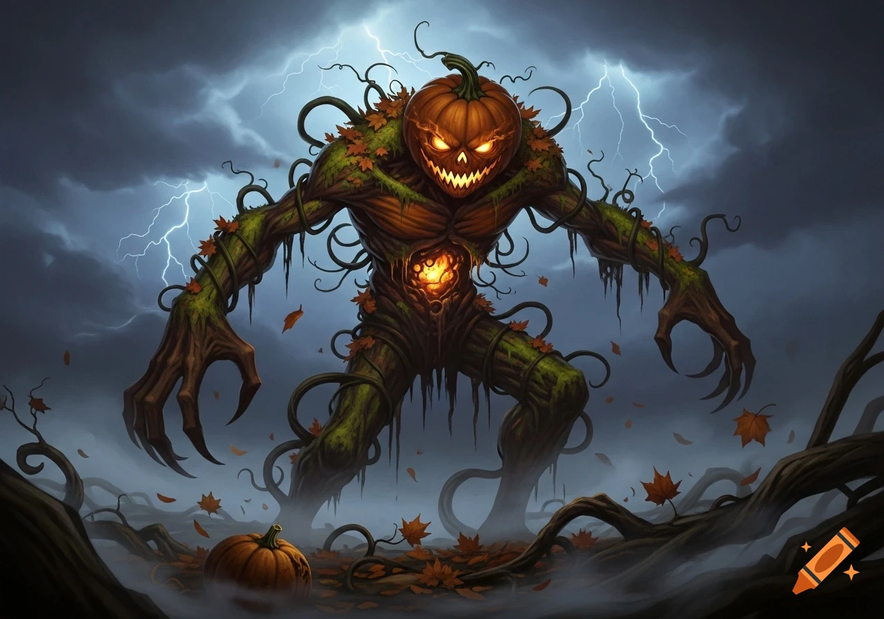 A scary pumpkin-headed monster made of vines and branches with glowing eyes and a fiery chest stands in a dark, stormy, foggy forest with lightning.