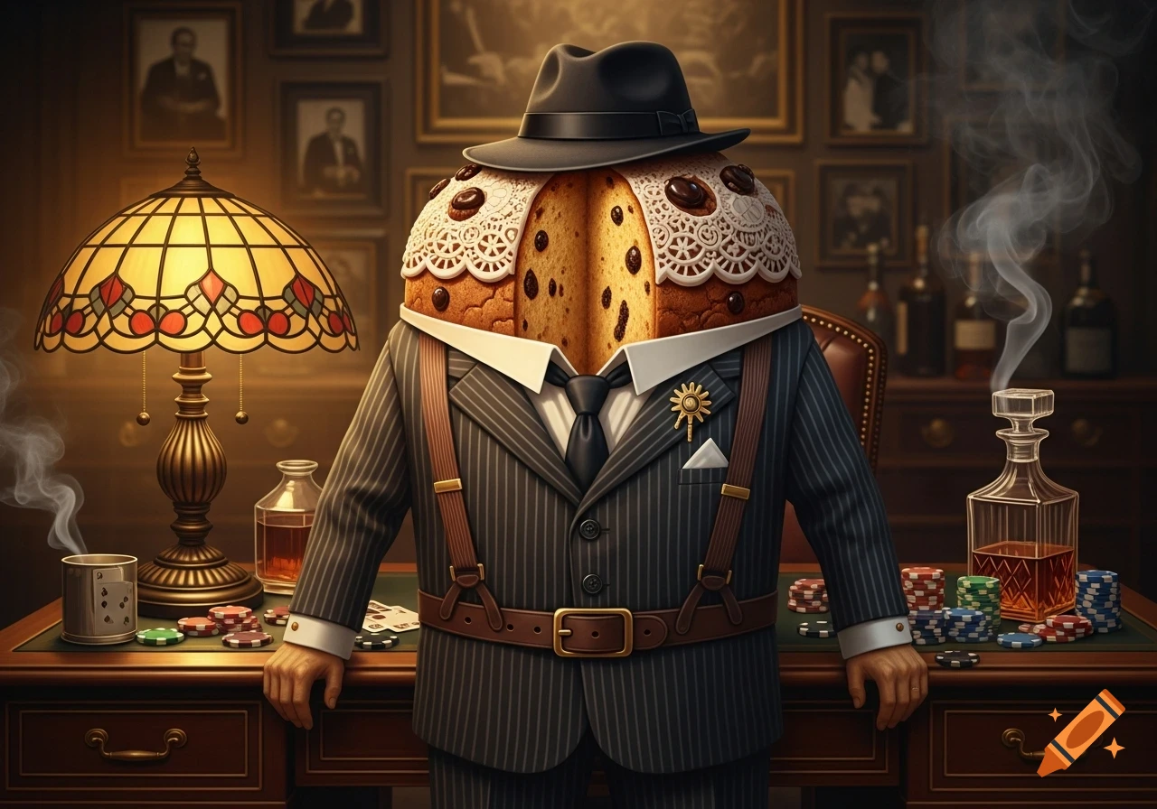 A panettone cake dressed as a New York mafia godfather in a pinstripe suit and fedora stands at a poker table.
