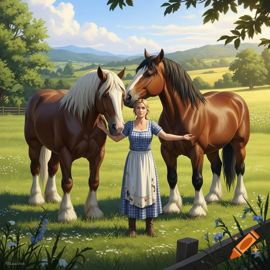A farmer's wife in a blue dress stands between two large brown draft horses in a sunny green meadow with rolling hills, in a digital painting style.