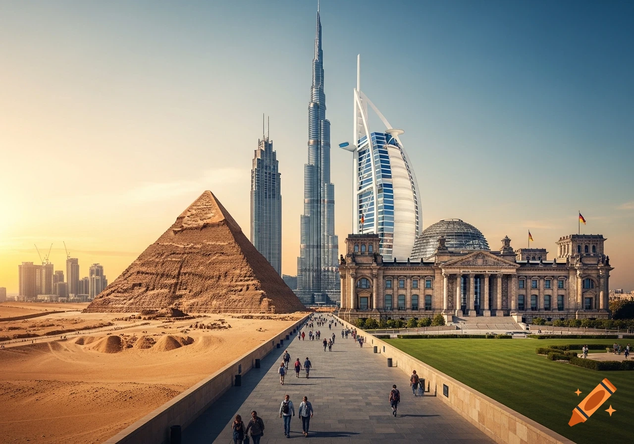 The Great Pyramid, Burj Khalifa, Burj Al Arab, and Reichstag building stand together in a surreal landscape with people walking.