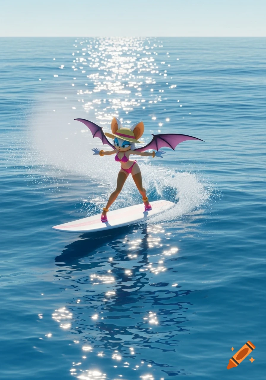 3D animated Rouge the Bat in a pink bikini and straw hat, surfing on a white board in a sparkling blue ocean.