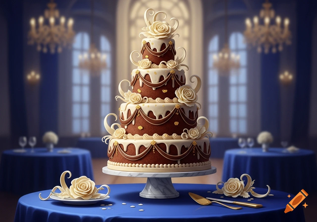 An elegant five-tiered chocolate and white cake, decorated with cream roses and gold accents, on a blue table in a ballroom.