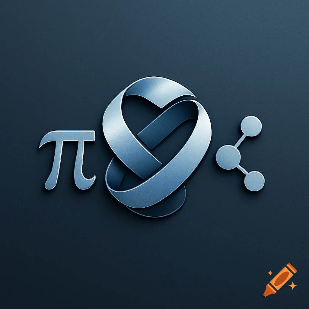 A metallic 3D logo featuring a Pi symbol, a knotted heart, and a molecule icon on a dark grey background.