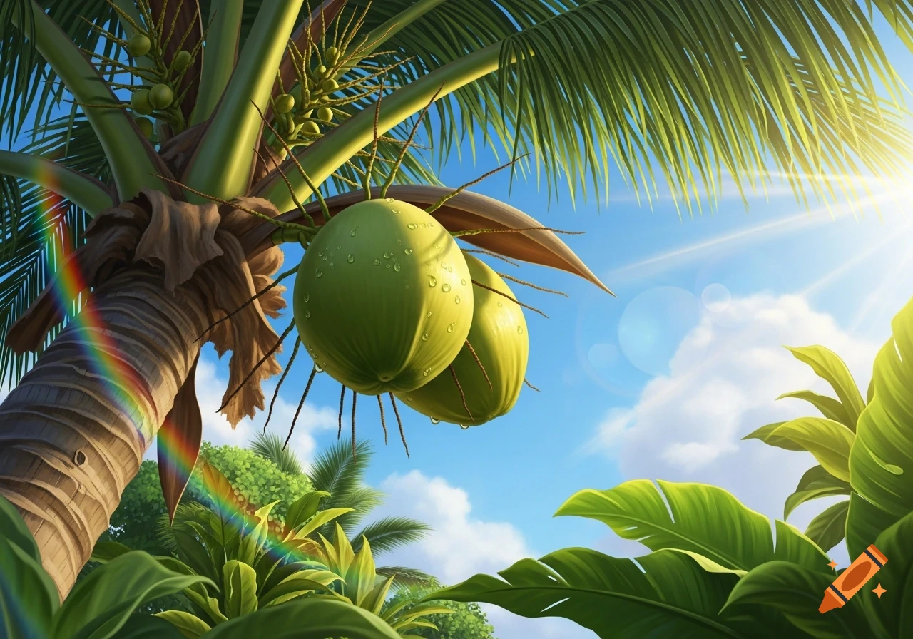 Close-up of green coconuts on a palm tree under a sunny blue sky with tropical foliage.