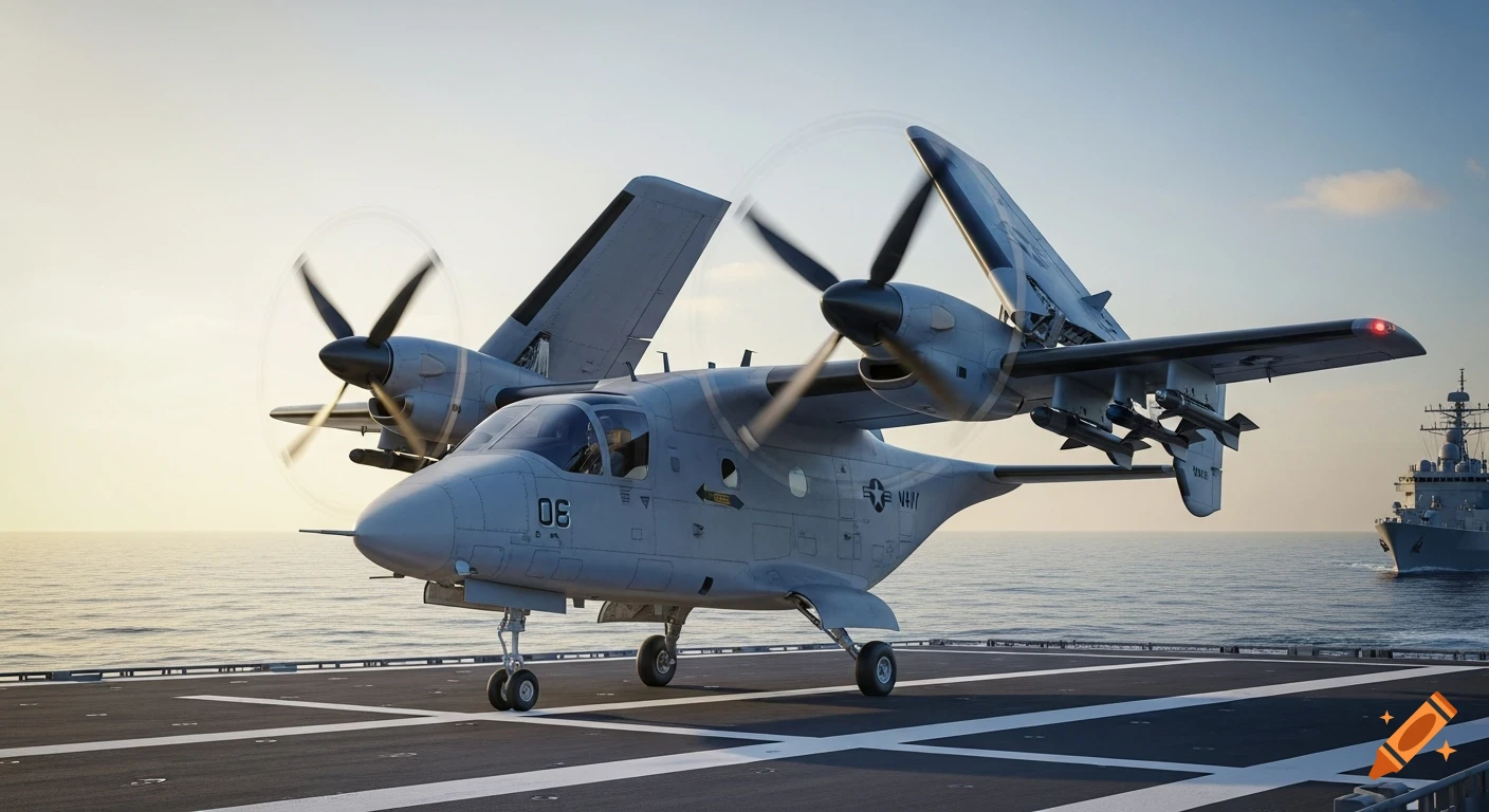 A gray VTOL aircraft with tilting propellers stands on an aircraft carrier deck at sunset, with a warship in the background.