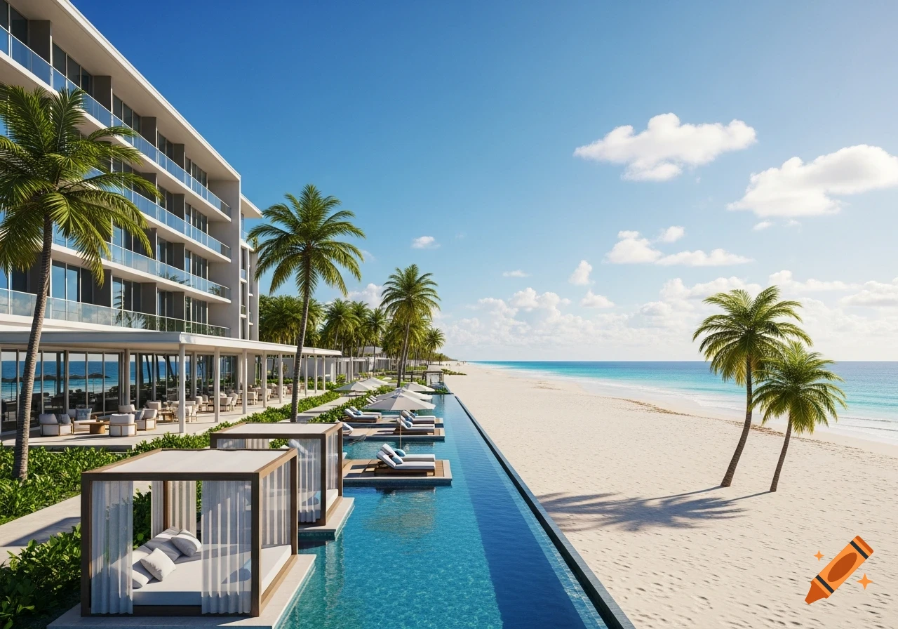 Photorealistic resort with infinity pool, palm trees, and white sand beach under a clear blue sky by the ocean.