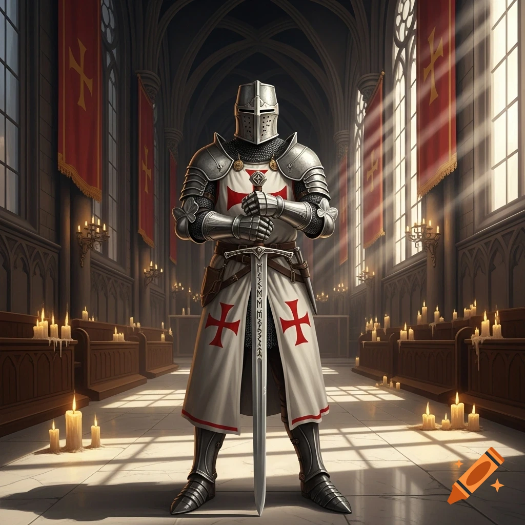 A Templar knight in full armor stands holding a sword in a grand gothic church illuminated by sunbeams and candles.