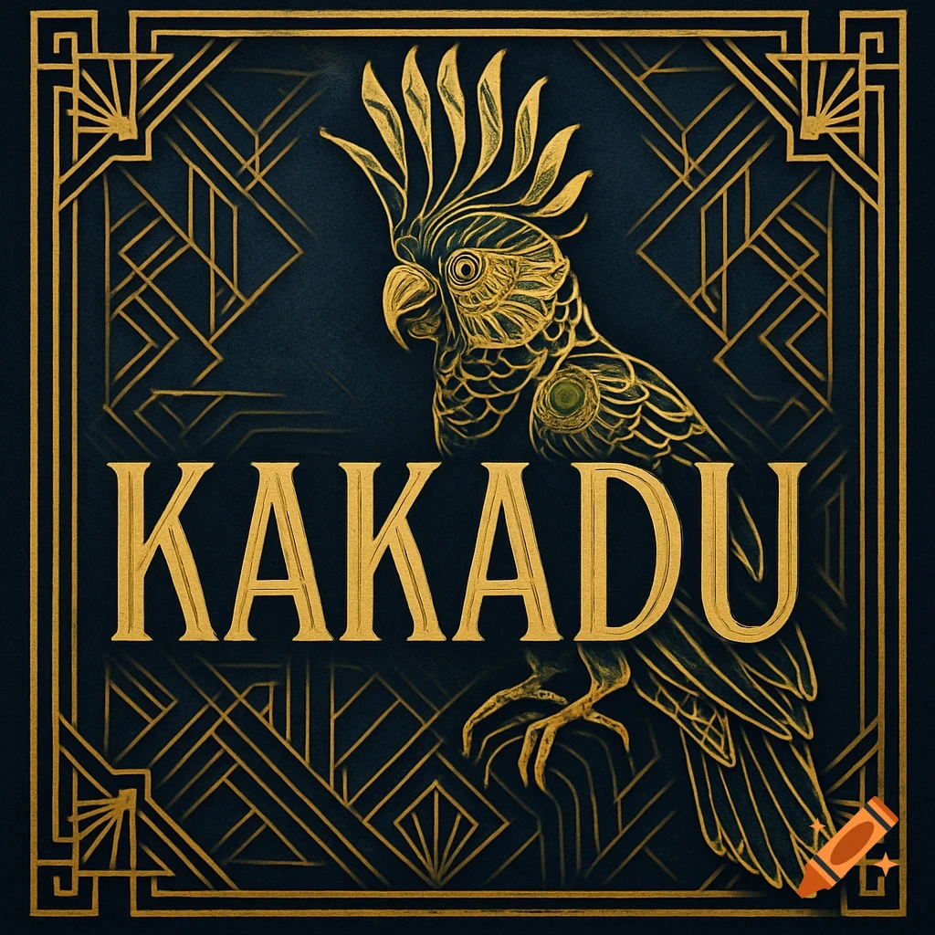 Art Deco illustration of a gold cockatoo with the word 'KAKADU' in gold, set against a dark blue background with geometric patterns.