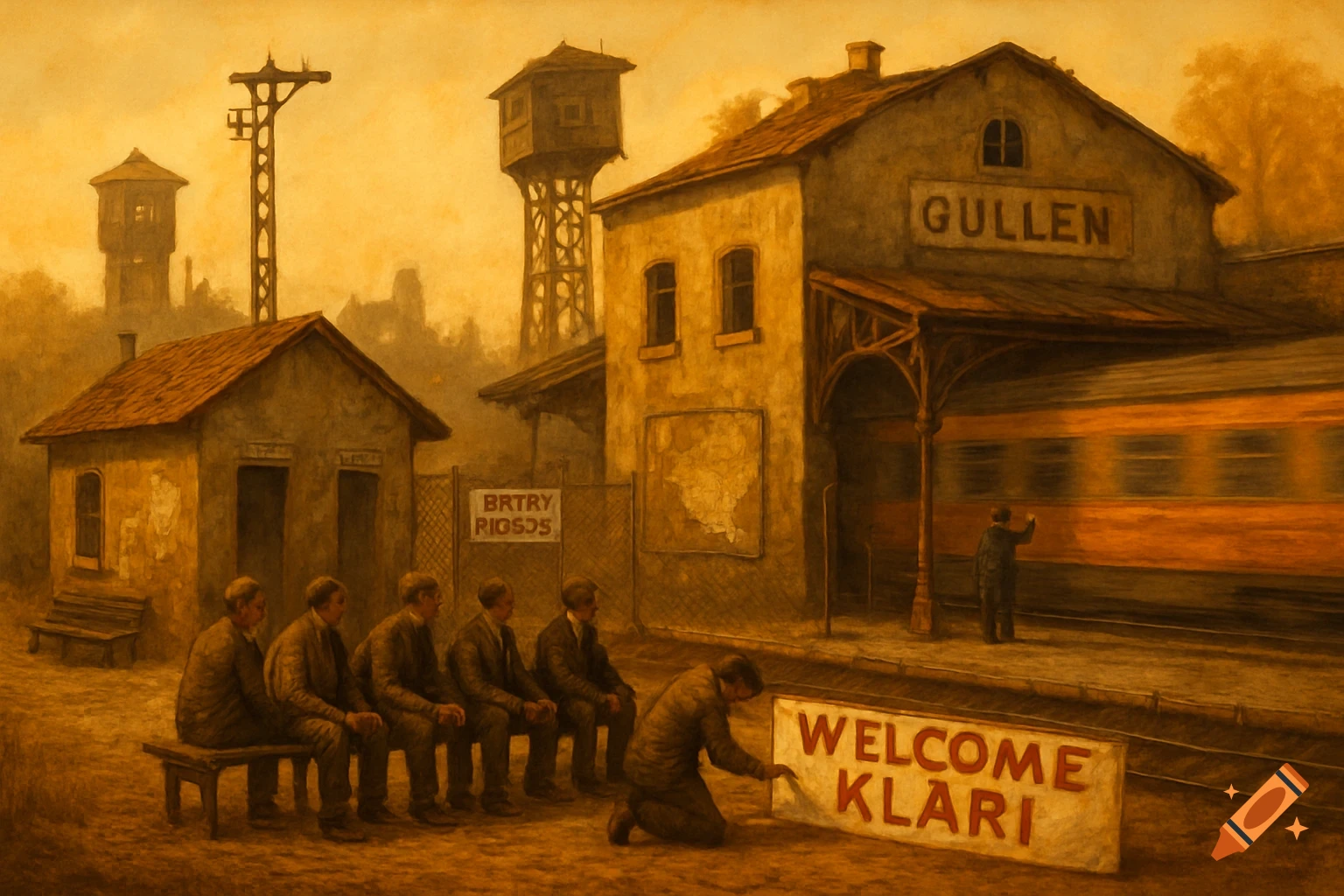 An old-fashioned, sepia-toned painting of a desolate train station named Gullen. Several men in suits sit on a bench, while one kneels to unfurl a banner that reads "WELCOME KLARI". A train speeds past in the background.