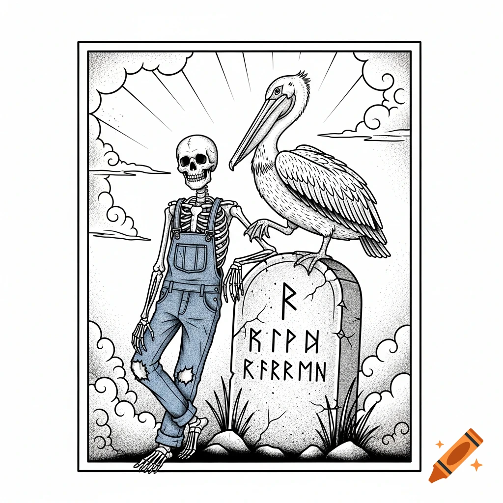 A skeleton in overalls leans against a gravestone with a pelican, in a black and white tattoo art style.