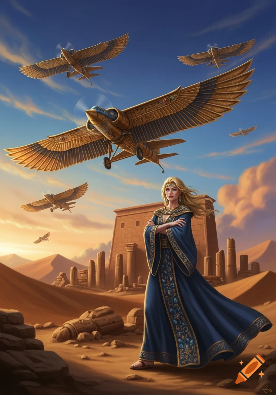 A blonde woman in an elaborate blue robe stands in a desert with ancient ruins as golden, winged airplanes fly overhead at sunset.