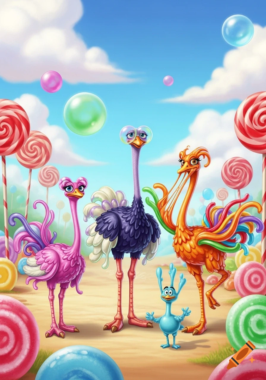 Three vibrant cartoon ostriches and a small blue creature stand in a whimsical candy land with giant lollipops and gumballs.
