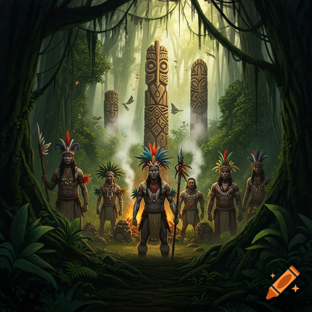 A group of men in tribal attire with feathers and spears stand in a lush jungle with carved totems and smoke.
