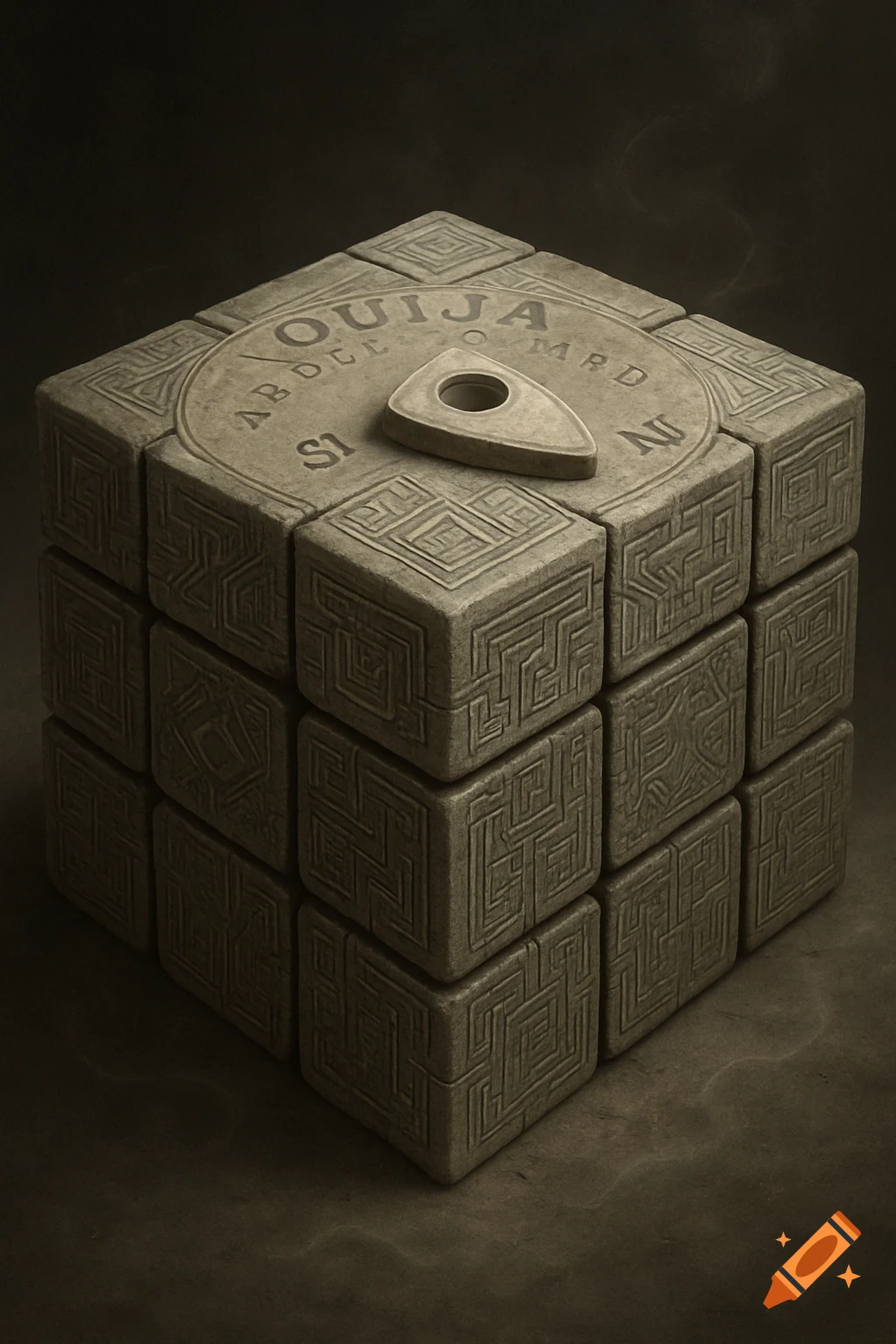 A detailed stone cube resembling a Rubik's cube, with a Ouija board design on top and intricate labyrinth patterns on its sides, in a dark fantasy style.