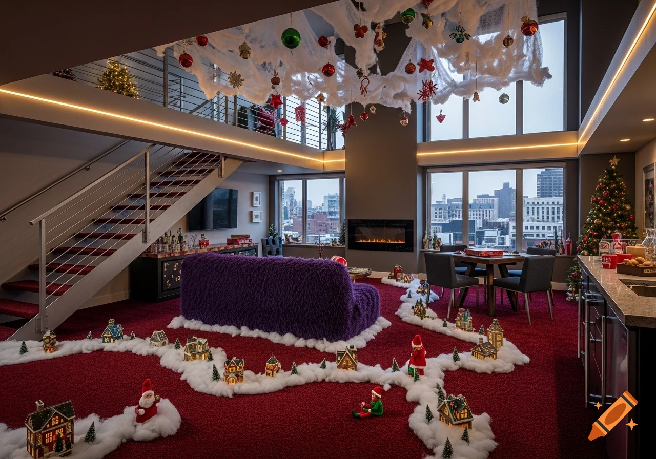 A modern apartment with a red carpet and purple fuzzy couch, decorated for Christmas with miniature villages, a fireplace, and a city view.