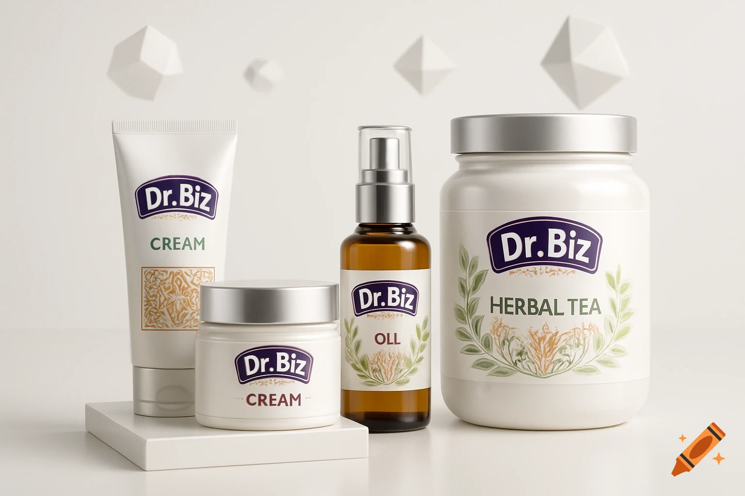 A collection of Dr. Biz brand cream, oil, and herbal tea products displayed on a white surface with floating geometric shapes.