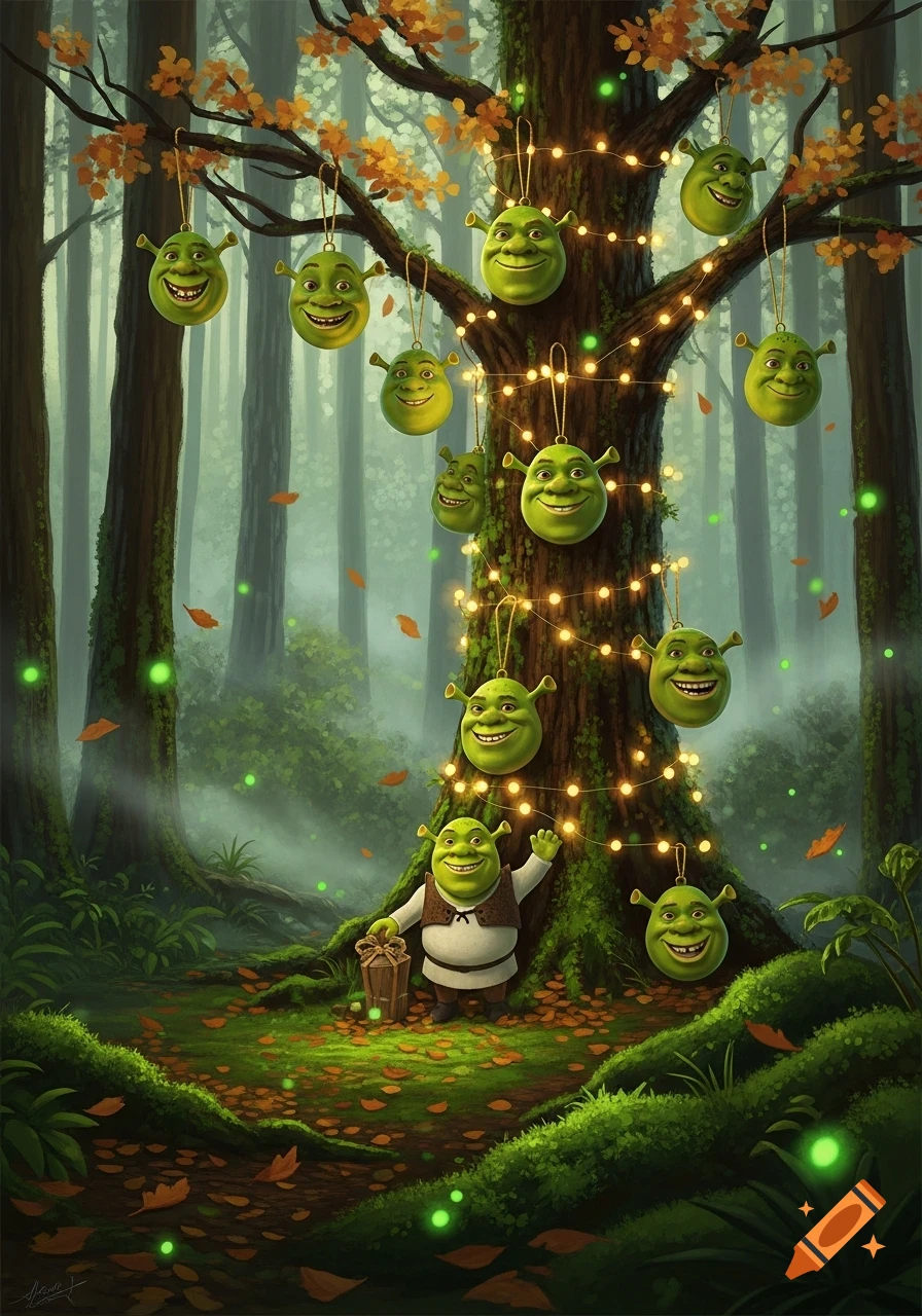 Shrek stands at the base of a glowing, ornament-decorated tree in a magical forest, holding a present in a festive digital painting.