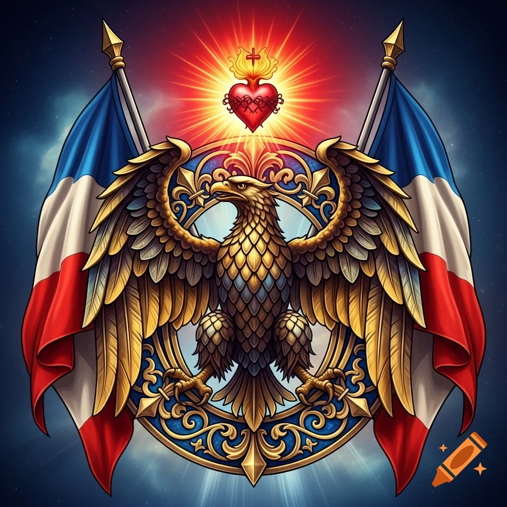 Stylized golden imperial eagle emblem with French flags, ornate blue and gold patterns, and a flaming Sacred Heart symbol.