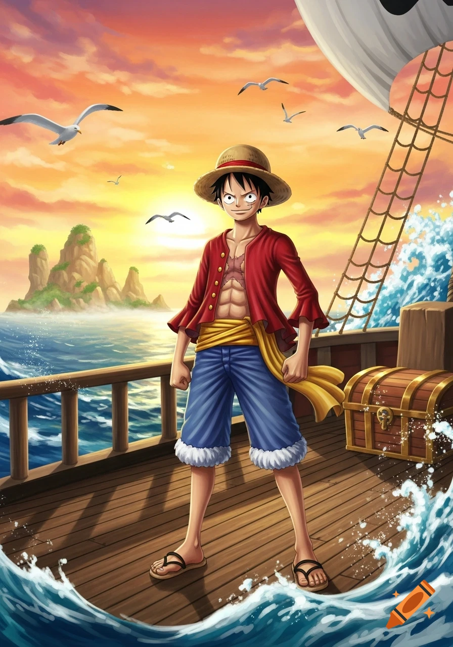 Anime illustration of Monkey D. Luffy on a wooden ship deck, looking confident against a sunset sky with seagulls and islands.