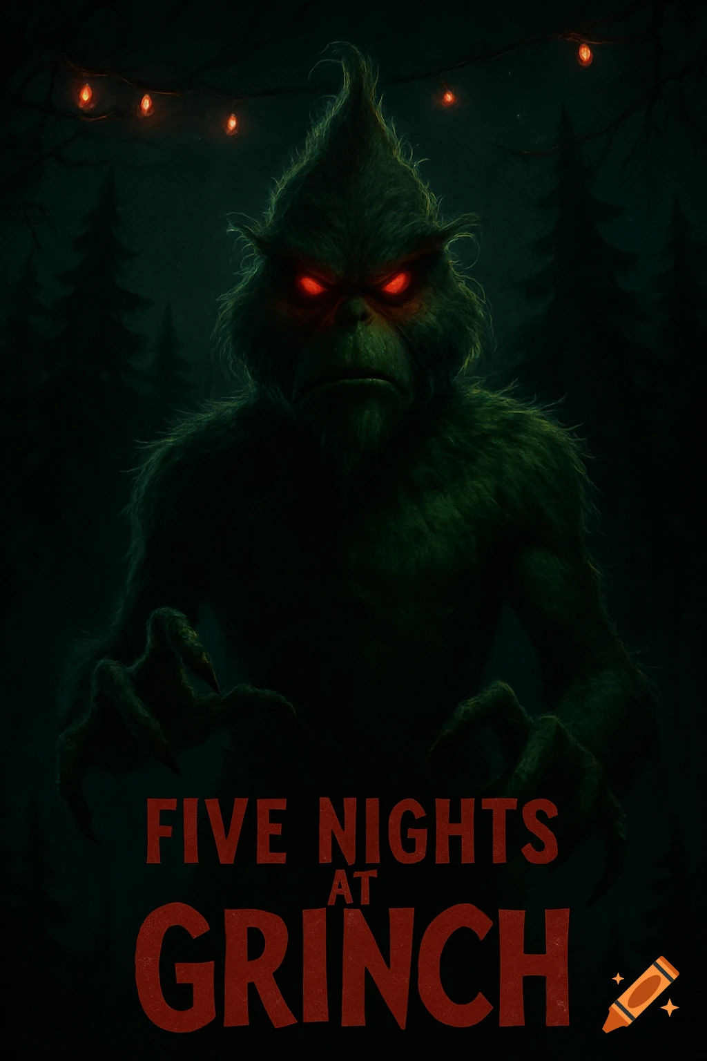 A dark horror movie poster featuring a menacing, furry green Grinch with red eyes in a forest. Text reads 'FIVE NIGHTS AT GRINCH'.