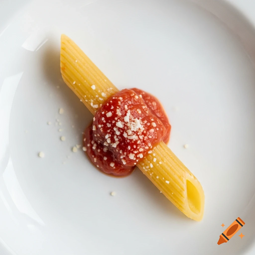 A single penne pasta noodle covered in red sauce and grated cheese on a white plate, viewed from above.
