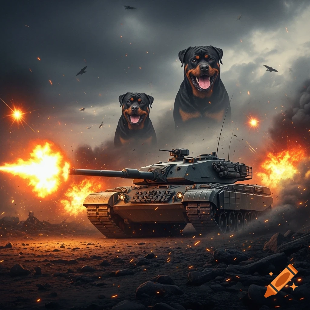 A military tank fires its cannon on a smoky battlefield, with two aggressive Rottweiler dogs ethereal in the fiery background.