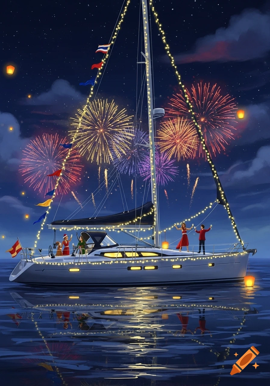 An illustrated sailing yacht adorned with string lights, floating on water at night. Fireworks explode in the dark sky above, and people celebrate on deck.