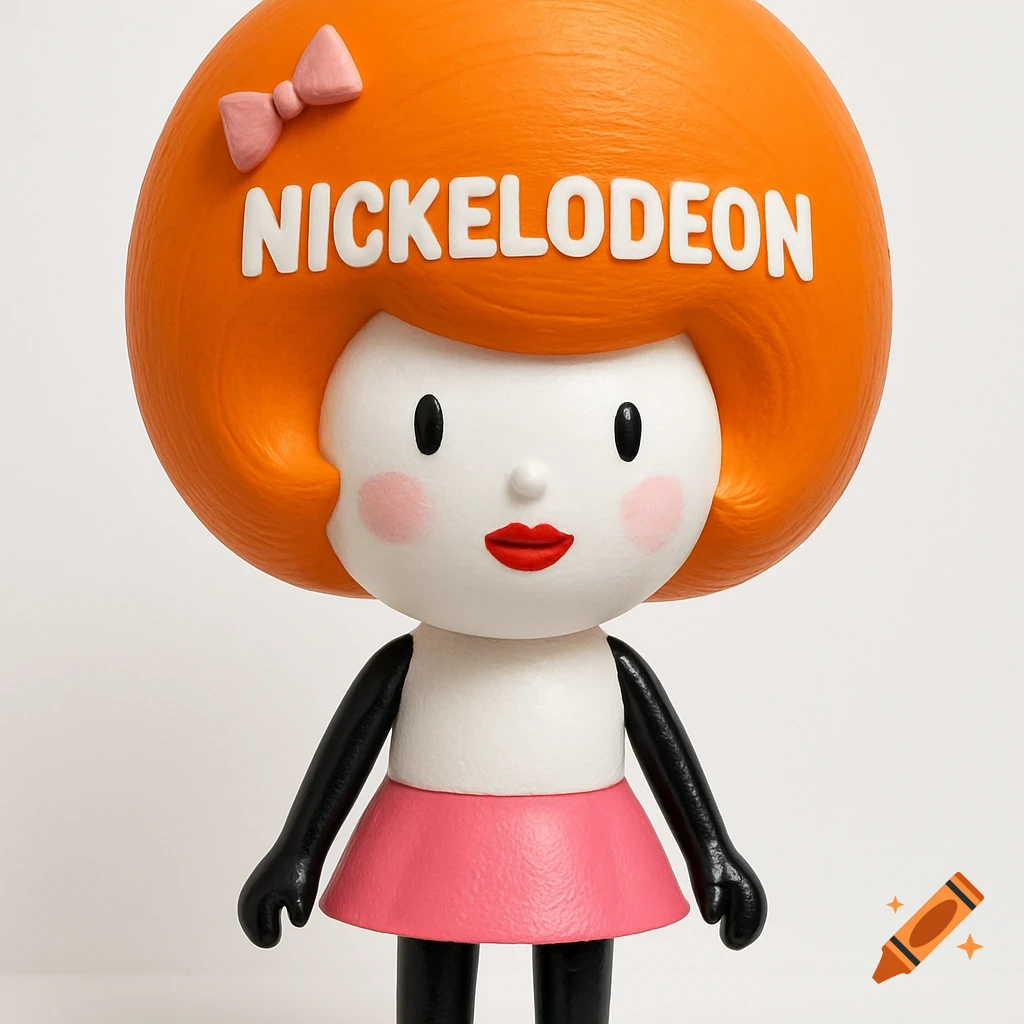 Close-up of a white sphere girl figurine with black limbs, pink skirt, large orange hair with 'NICKELODEON' text, and a pink bow, on a white background.