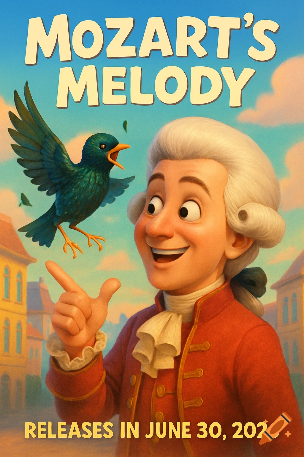 A Pixar-style movie poster showing a cartoon Mozart pointing at a blue starling bird, with the title "MOZART'S MELODY" and release date.