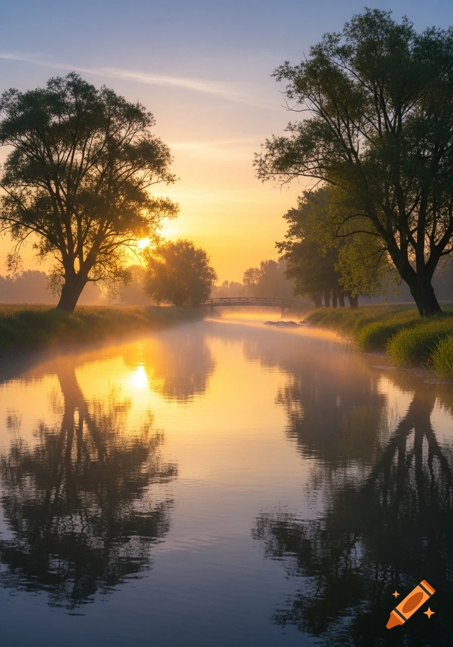 A misty river at sunrise or sunset, with golden light reflecting on the water, silhouetted trees on both banks, and a small bridge in the distance.