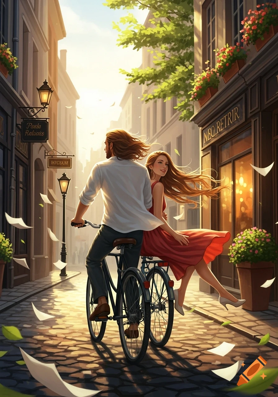 A man with long hair rides a bicycle, with a woman in a red dress sitting on the back rack, smiling back at the viewer. They are on a sunny cobblestone street lined with European-style buildings, with papers and leaves floating around them.