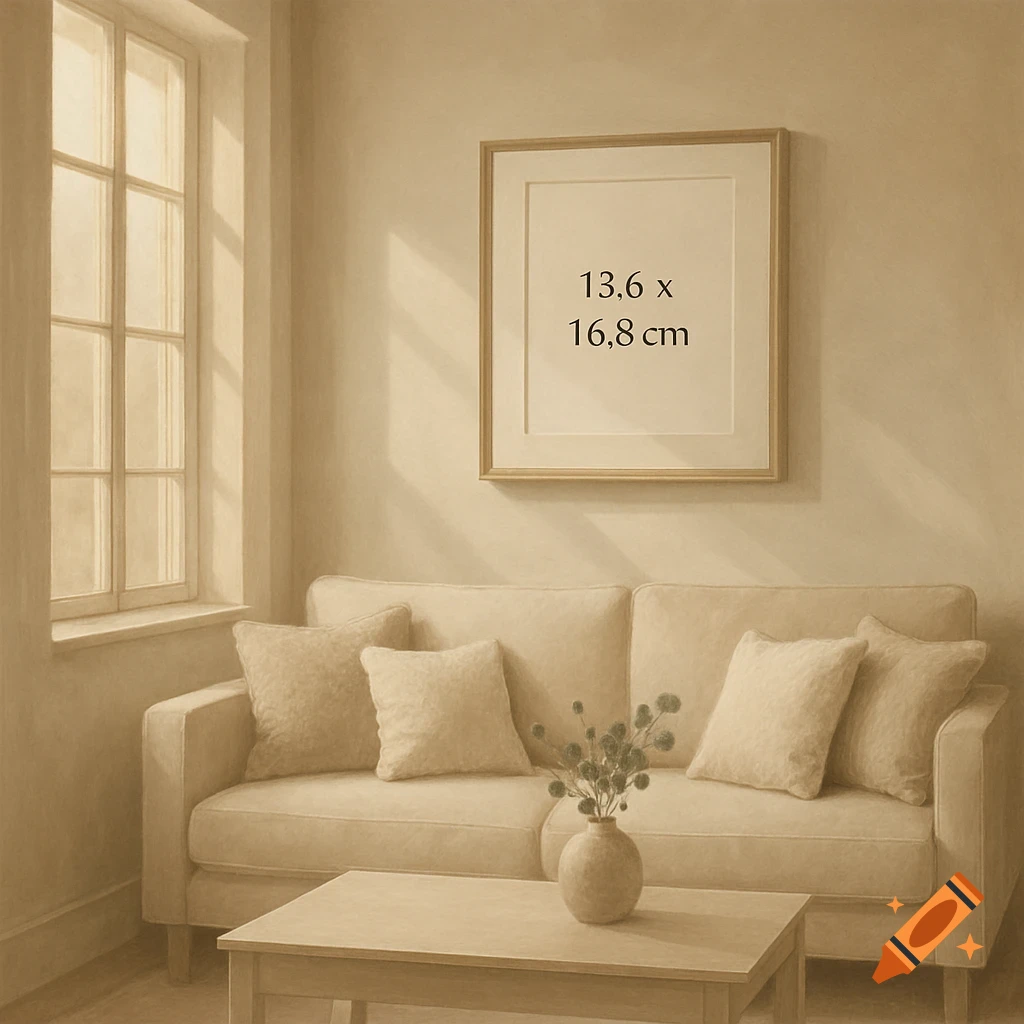 Neutral-toned living room with beige sofa, coffee table, and window, featuring a framed picture displaying "13.6 x 16.8 cm".