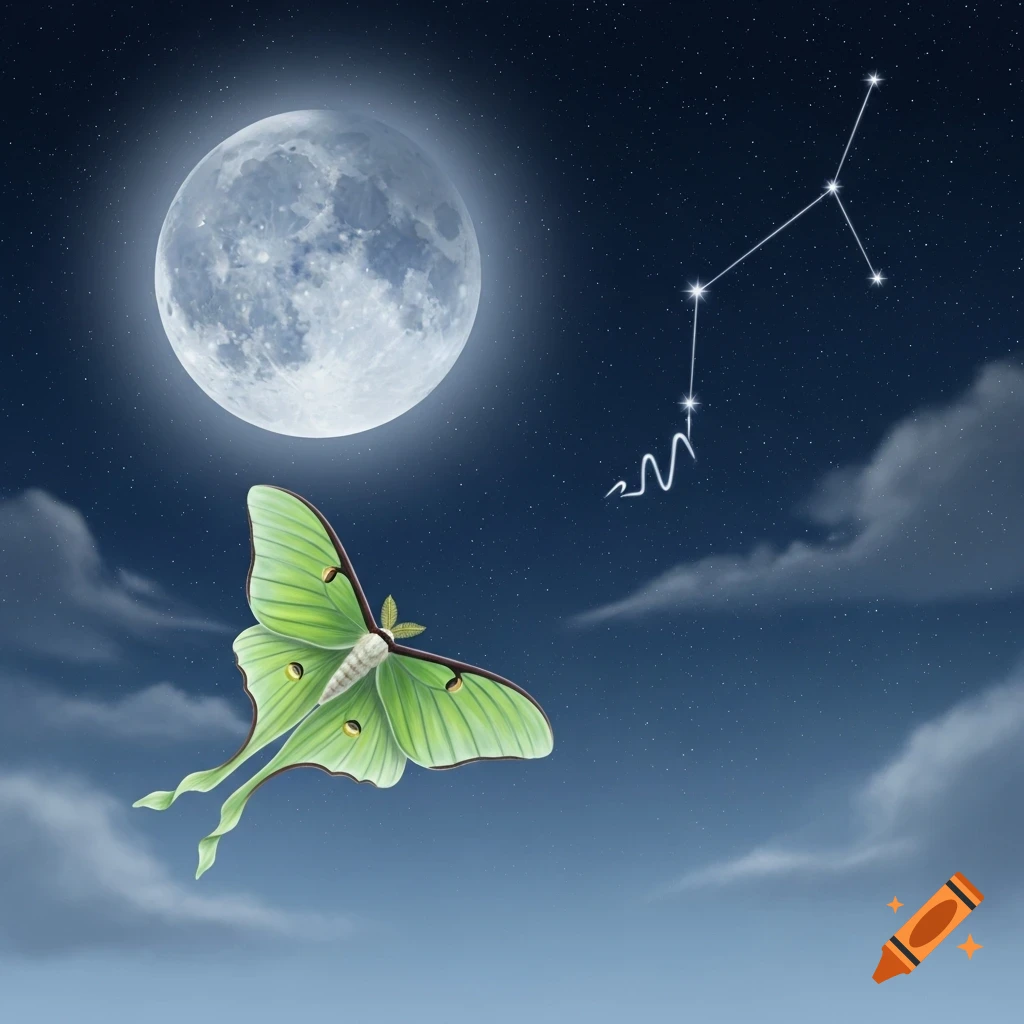 A vibrant green luna moth flies across a starry night sky with a full moon and a constellation of stars.