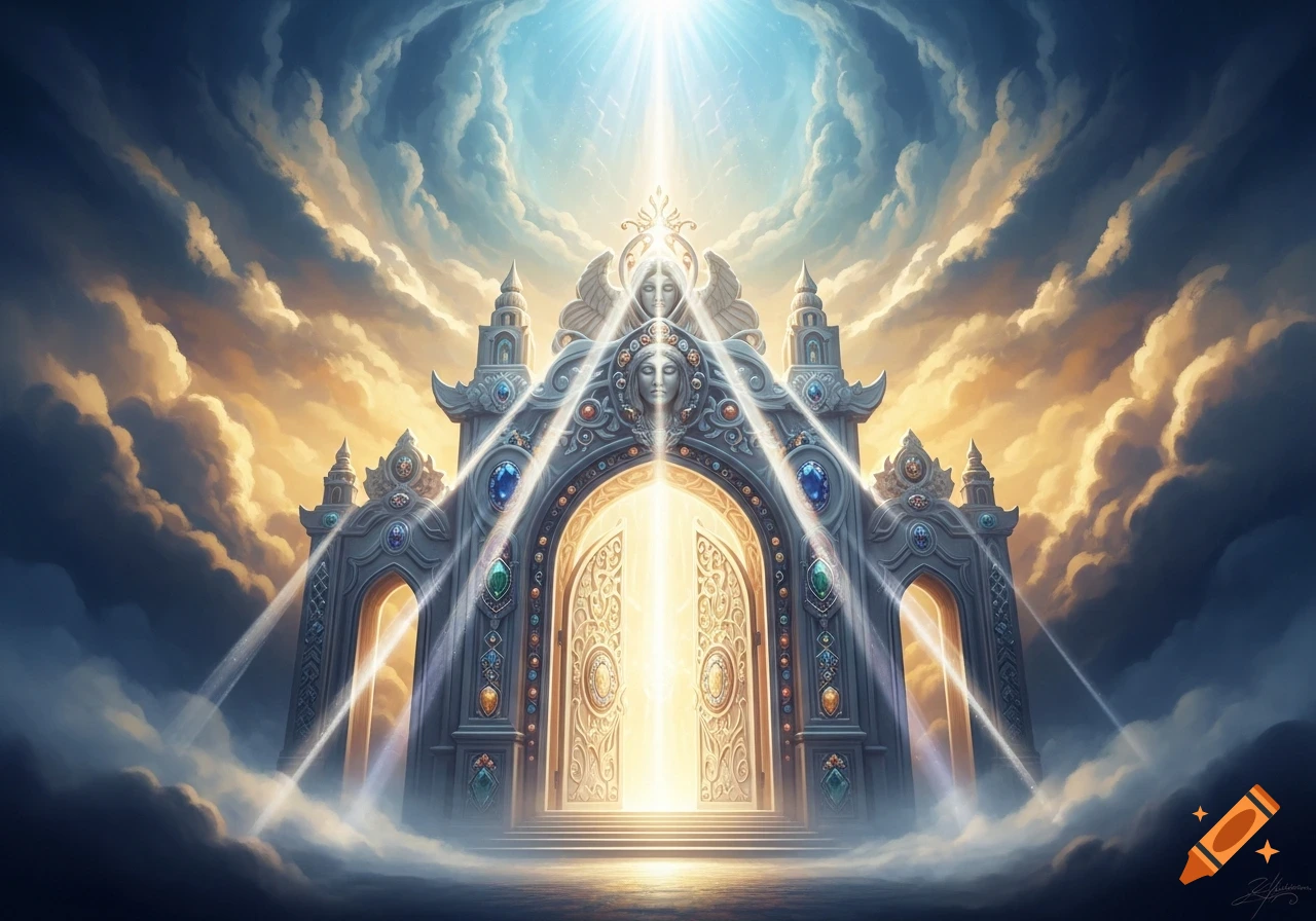 A majestic, ornate celestial gate adorned with jewels and faces, emitting brilliant light amidst a sky of dramatic, swirling clouds.