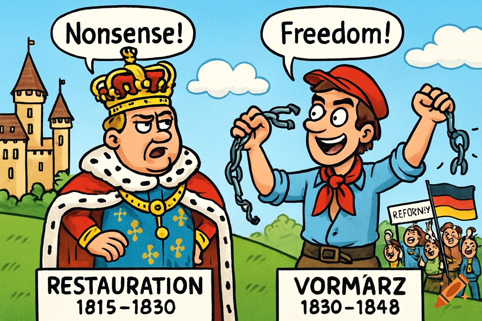 Cartoon of a king saying "Nonsense!" beside a revolutionary with broken chains saying "Freedom!" Banners below read "RESTAURATION 1815-1830" and "VORMÁRZ 1830-1848".