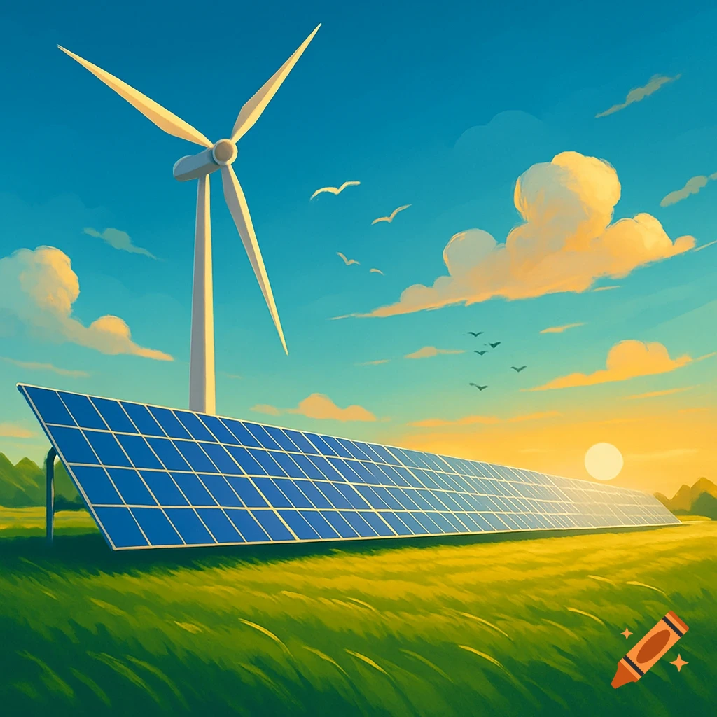 A vibrant illustration of a wind turbine and long solar panel array in a green field under a blue sky with clouds and a setting sun.