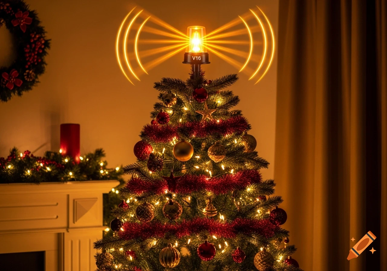 A festive Christmas tree topped with a glowing V16 beacon, adorned with red tinsel and ornaments in a warm, dimly lit room.