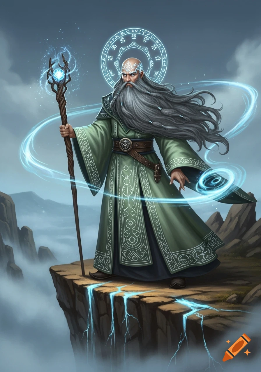 A bald white male wizard with a long gray beard and a green robe stands on a cliff, holding a glowing staff with magical energy swirling around him.