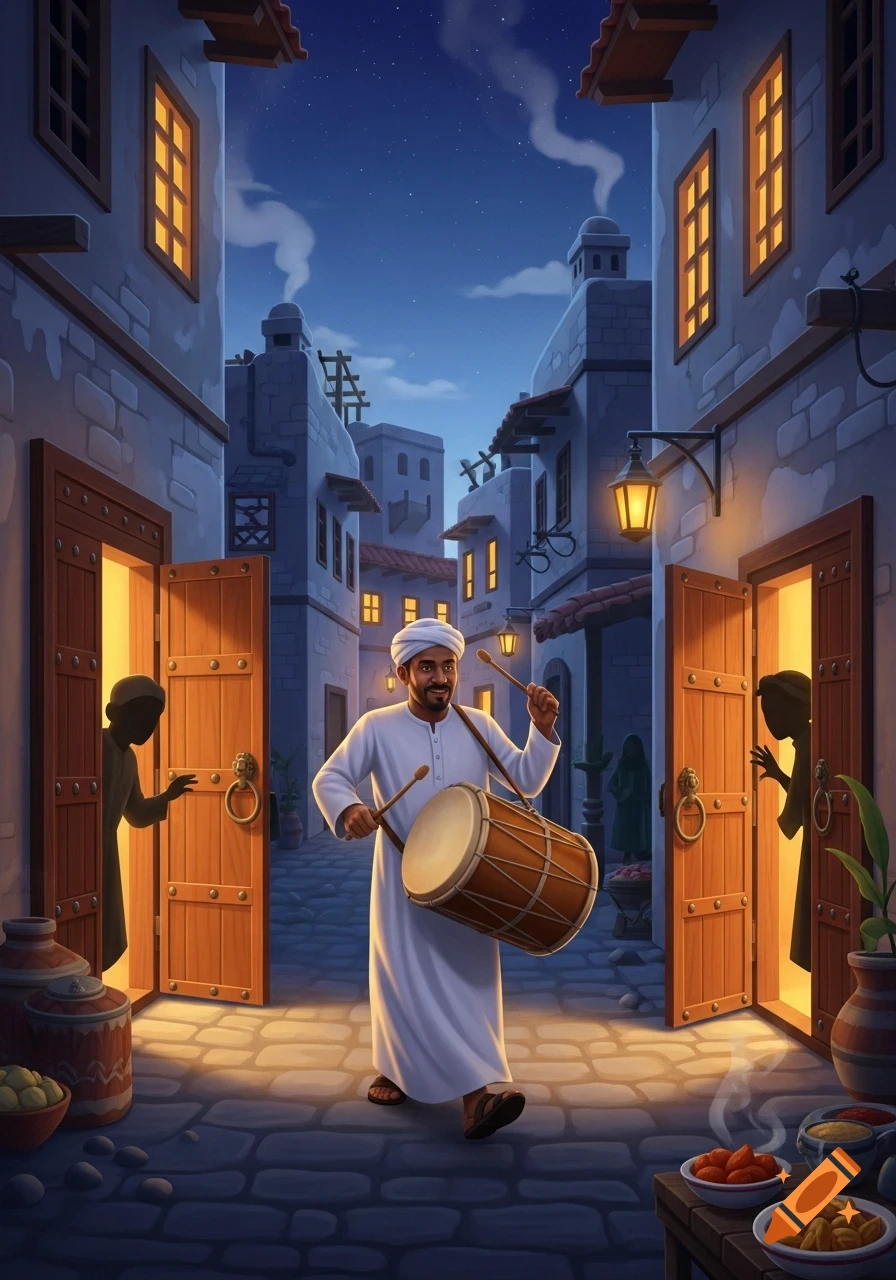 Stylized illustration of a man in traditional white attire playing a drum in a narrow old town street at night, with people looking out from glowing doorways.