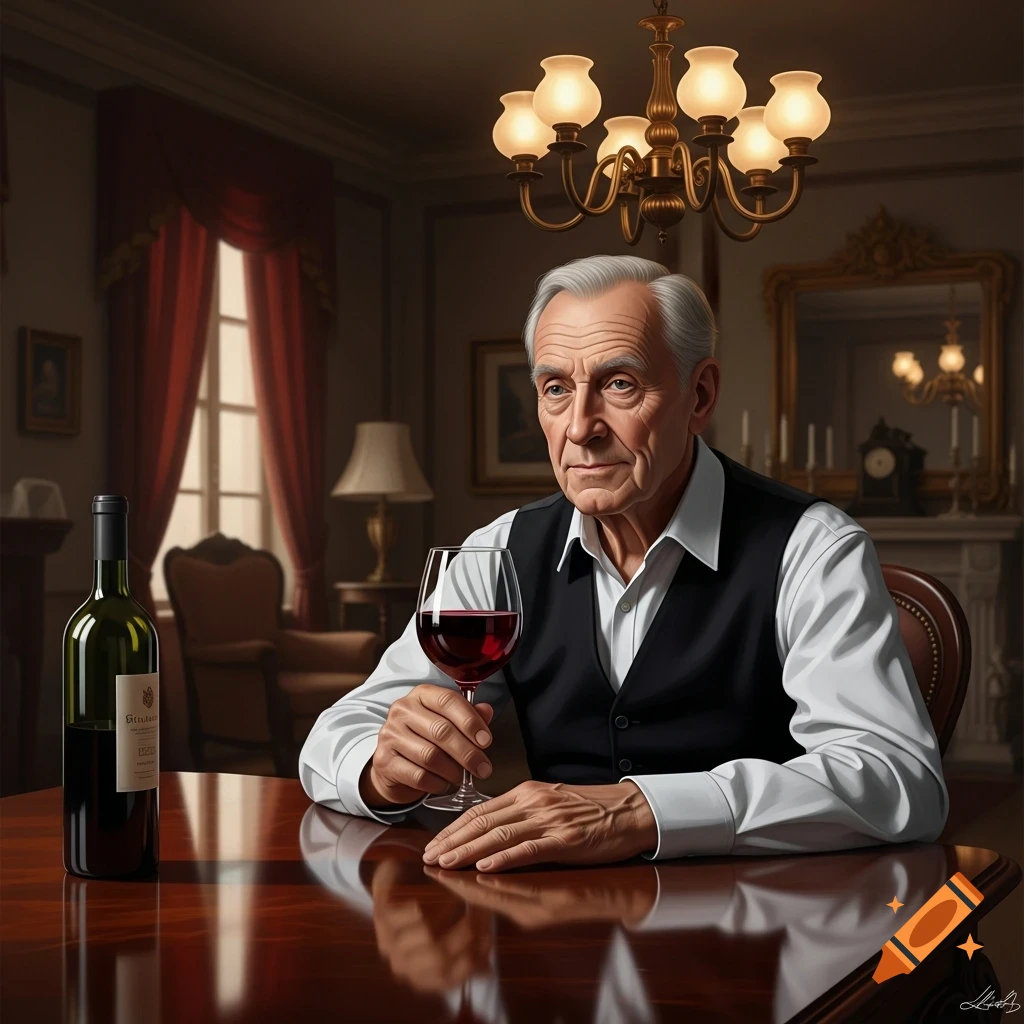 An old man with gray hair in a white shirt and black vest sits at a table, holding a glass of red wine next to a bottle in a photorealistic style.