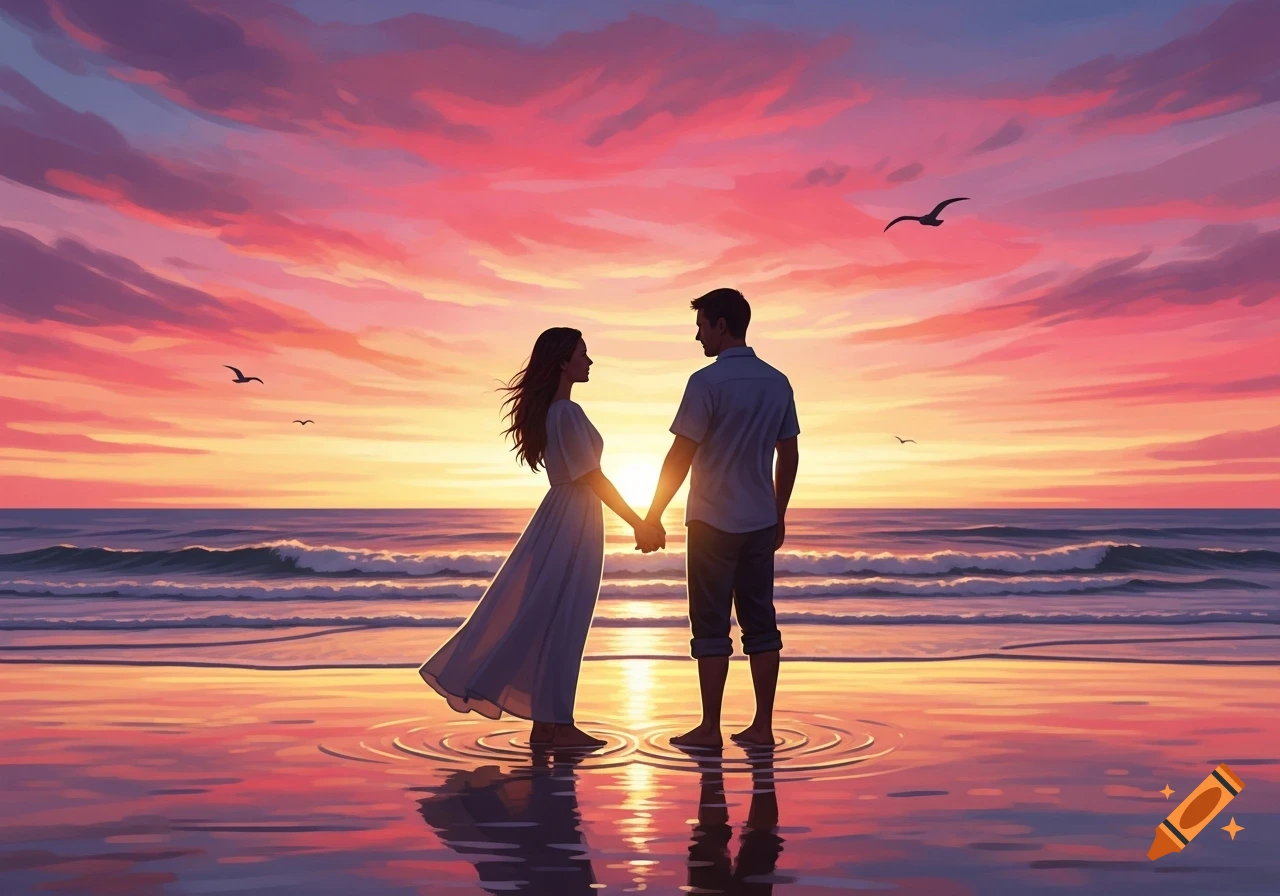 A man and woman hold hands, silhouetted against a vibrant pink and orange sunset over a calm ocean beach.